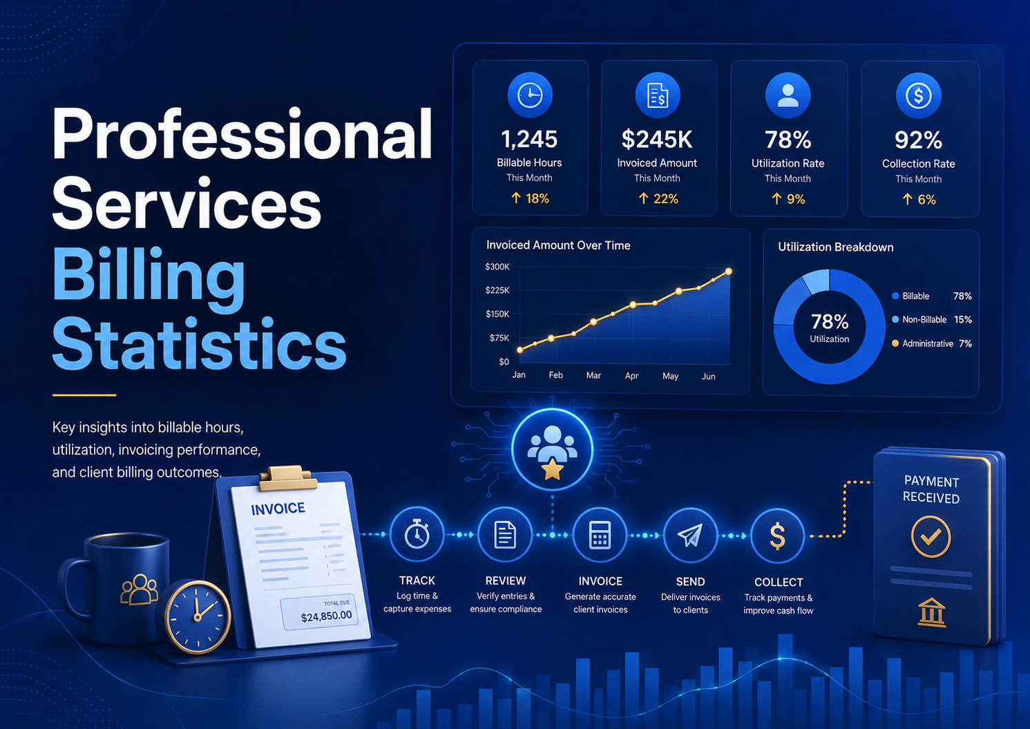 Professional Services Billing Statistics A practical statistics report on billable hours, realization, collections, PSA software, e-invoicing, late payments, regional adoption, and the financial controls that help consulting, legal, accounting, IT services, design, engineering, and advisory firms turn work into cash. Professional services billing is not just invoice formatting. It is the point where expertise, scope, utilization, rates, project delivery, approval rules, and collections all become measurable. A firm can win valuable clients and still lose margin if time is not captured, if write-downs are high, if partners delay approvals, if invoices create disputes, or if clients pay slowly after the work is complete. A stronger way to read this topic is as a revenue-control problem. Professional services firms rarely lose money in one dramatic moment. They lose it through small repeated gaps: a consultant enters time late, a project manager accepts extra work without a change order, a partner writes down a bill before the client sees it, or finance sends an invoice that lacks the detail needed for approval. None of those problems looks large alone, but together they decide whether delivered expertise becomes collectible revenue. The most useful statistics in this category connect three layers: the size of the professional services and software markets, the operating benchmarks that show where revenue leaks, and the regional payment and compliance trends that change how firms bill clients. This article uses curated benchmarks rather than a raw stat dump, with short interpretation blocks after dense sections so the numbers stay useful for planning. For this topic, depth comes from connecting the statistics rather than stacking them. A PSA market forecast is useful, but it becomes more meaningful when it is read alongside utilization, realization, DSO, bad-debt, e-invoicing, and compliance data. The combined picture shows why many firms are modernizing the full quote-to-cash or project-to-cash chain instead of buying a narrow invoice tool. The strongest billing teams usually treat invoice creation as the last visible step in a much longer operating system. They standardize scope language, protect rate cards, capture time earlier, review work-in-progress before month end, attach the right evidence to invoices, and monitor payment behavior after the bill is sent. That broader lens is what turns billing statistics into management guidance rather than isolated software numbers. Headline Professional Services Billing Statistics These headline numbers show why billing has become a strategy issue for service firms. The market is large, software spending is growing, utilization remains under pressure, and late payments continue to affect cash flow even after work has been delivered. • The global professional services market is valued around $5.9 trillion in 2025 and is projected to reach about $9.3 trillion by 2034, according to one long-range outlook. • Another professional services forecast expects the market to add about $1.94 trillion from 2026 to 2030, with a projected 4.9% CAGR. • Professional services automation software was estimated at $12.40 billion in 2024 and projected to reach $40.25 billion by 2033. • An alternate PSA forecast values the market at $14.46 billion in 2025 and projects it to reach $50.51 billion by 2034. • Billing and invoicing software is projected to grow from $7.4 billion in 2025 to $18.9 billion by 2034. • The time-tracking software market was valued at $7.13 billion in 2024 and projected to reach $29.88 billion by 2033. • The global e-invoicing market has estimates ranging from $7.97 billion in 2024 to $18.5 billion in 2025, depending on market definition. • One e-invoicing outlook projects the market at $70.3 billion by 2034, while another projects $62.68 billion by 2031. • Rocketlane/SPI reports employee billable utilization falling to 66.4% in 2025, which is 3.6 percentage points below SPI's 70% minimum healthy benchmark. • A 2024 professional services maturity benchmark reported employee billable utilization at 69.3%. • Legal billing benchmarks show average law-firm utilization around 38%, or about 3.0 billable hours in an eight-hour day. • Legal realization around 88% means about 12% of captured billable value does not convert to invoiced or collected value at full rate. • North American B2B payment data shows 64% of sales transacted on credit and payment terms around 43 days from invoicing. • Overdue invoices affect about 38% of North American credit-based B2B sales, while 4% are written off as bad debt. • UK B2B payment data places overdue invoices at 51% of invoices and bad debts at 7%. • Central and Eastern Europe payment data shows overdue invoices averaging 53% of credit B2B sales and bad debts at 8%. • The EU estimates that e-invoicing and digital reporting reforms could reduce VAT fraud by up to EUR 11 billion per year and cut administrative and compliance costs by more than EUR 4.1 billion per year. • North America captured 37.74% of PSA software revenue in 2025, while Europe accounted for 22.7% of global PSA software revenue in another benchmark. • Asia-Pacific PSA software generated $2.66 billion in 2024 and is expected to grow at a 16.8% CAGR from 2025 to 2033. • Workday/SPI benchmark data reports that the most mature Level 5 firms achieved a 71% improvement in billable utilization over Level 1 organizations. The headline pattern is clear: service firms are not buying billing systems only to send cleaner invoices. They are buying operating visibility. The commercial question is whether each hour, project milestone, expense, retainer, and client approval can move through the revenue cycle with less leakage and less manual correction. The headline numbers also explain why billing performance cannot be judged by revenue growth alone. A consulting firm can grow revenue while quietly losing margin through poor staffing, late time entry, discounting, or slow collections. A law firm can increase billed value while still underperforming if realization and collection do not move with it. A creative or IT services agency can win more retainers but still create cash pressure if scope changes are not documented before the invoice is issued. That is why the most valuable statistics in the rest of the article are not only the biggest market-size figures. They are the operating benchmarks that reveal where value leaks between work performed and cash collected. Utilization, realization, invoice accuracy, approval time, DSO, write-offs, and dispute frequency are the metrics that make billing software financially relevant. Market Size and Future Outlook Professional services billing sits inside a very large services economy, but its software categories grow faster than the underlying market. That gap matters. It suggests firms are investing in systems that connect staffing, delivery, timekeeping, invoicing, revenue recognition, collections, and reporting because manual processes are no longer enough for complex client work. Professional services and PSA software growth • Professional services are a multi-trillion-dollar category, with one outlook placing the market at $5.9 trillion in 2025 and $9.3 trillion by 2034. • The projected professional services market CAGR of 5.2% through 2034 is moderate compared with the double-digit outlook for PSA software. • PSA software rising from $12.40 billion to $40.25 billion implies more than 3x growth over the forecast period. • Grand View Research projects PSA software CAGR at 14.7% from 2025 to 2033. • Fortune Business Insights projects PSA software growth from $16.61 billion in 2026 to $50.51 billion by 2034, with a 14.91% CAGR. • Persistence Market Research projects PSA software at $15.0 billion in 2026 and $32.5 billion by 2033. • Project and resource management led PSA software functionality modules with 34.28% share in 2025. • IT and telecom held 26.35% of PSA software revenue by end-user industry in 2025. • Consulting and advisory is projected to post the highest PSA end-user CAGR at 13.74% through 2031. • Business analytics and reporting is advancing fastest among PSA modules, with a projected 15.21% CAGR through 2031. Billing, invoicing, time tracking, and e-invoicing markets • Billing and invoicing software is projected to reach $18.9 billion by 2034 after starting from $7.4 billion in 2025. • That billing and invoicing forecast implies about 2.55x growth over the period. • Legal billing software is estimated around $2.15 billion and expected to reach $4.28 billion, nearly doubling under that market definition. • Legal practice management software was valued at $4.8 billion and projected to reach $10.9 billion. • Time-tracking software moving from $7.13 billion to $29.88 billion implies more than 4x growth by 2033. • Global e-invoicing market estimates vary, but several forecasts cluster around strong double-digit growth, including 15.96%, 17.1%, and 22.4% CAGR estimates from different research firms. • One e-invoicing estimate projects the market from $18.5 billion in 2025 to $70.3 billion by 2034. • Another e-invoicing estimate projects growth from $12.47 billion in 2023 to $62.68 billion by 2031. • Maximize Market Research estimates e-invoicing at $16.37 billion in 2025 and nearly $44.63 billion by 2032. These market estimates use different boundaries, so they should not be compared as exact equivalents. Some include core software revenue, while others include implementation, adjacent workflow tools, legal practice management, invoice processing, compliance, or automation layers. The shared signal is more important: professional services firms are modernizing the systems that decide when work becomes billable, when invoices go out, and how quickly cash comes back. The future outlook is especially important for firms that have outgrown simple time sheets and manual invoice templates. As projects become more distributed and clients demand clearer evidence of work, billing systems need to connect project data, contract terms, expenses, change orders, tax rules, and payment status. This is why PSA, time tracking, billing, AR automation, and e-invoicing markets increasingly overlap in practice even when research firms measure them separately. For smaller firms, the key decision is usually not whether to buy the most advanced platform immediately. It is whether the current workflow can reliably answer basic questions: who worked on what, what is billable, what has been approved, what is waiting for client confirmation, what has been invoiced, and what is overdue. If those answers require several spreadsheets and inbox searches, the firm is already carrying hidden billing risk. Figure 1. Professional services billing performance index summarizes the growth direction of software, invoicing, and project-to-cash systems. Market estimates should be interpreted as directional because vendors define PSA, billing, and invoice automation differently. The Professional Services Revenue Waterfall The cleanest way to understand billing performance is to follow the revenue waterfall. A firm first has available capacity. Some of that capacity becomes billable utilization. Some captured work survives partner review, discounting, and write-downs as realized value. Some invoiced value is collected on time. Every step can leak revenue, and every leak has a different owner. The useful question is not only how much revenue a firm booked. It is how much value survived each gate in the chain. Available capacity has to become scheduled delivery work. Delivery work has to become accurate time, expenses, or milestone evidence. That evidence has to survive review without unnecessary write-downs. The invoice then has to pass client approval and convert into cash within the expected payment window. This is why the same market statistic can mean very different things for different firms. A growing PSA software market says firms want better systems, but the operating value depends on whether the system improves the specific gate where the firm is losing value. A firm with weak time capture needs different discipline than a firm with strong time capture but poor collections. A firm with fast invoicing but low realization needs better scoping and billing review, not only faster reminders. Stage What it measures Useful benchmark signal Available capacity The working hours or project capacity the firm can deploy. A 2,000-hour professional at 70% utilization creates about 1,400 billable hours before realization or collection effects. Billable utilization How much capacity becomes client-chargeable work. SPI-linked data places billable utilization around 66.4% to 69.3% in recent benchmarks. Realization How much captured value survives write-downs, discounts, billing review, or rate leakage. Legal realization around 88% implies 12% value leakage before full-rate revenue is secured. Collection How much invoiced value is paid and how quickly. North America shows 38% of credit-based sales affected by overdue invoices and 4% written off. Margin quality Whether the work was delivered profitably after staffing, rework, and admin effort. EBITDA being 28% below a five-year average signals that revenue alone does not prove billing health. This waterfall prevents a common management mistake: treating billing as only a finance function. In reality, finance sees the result of decisions made earlier by sales, project managers, partners, delivery teams, and account owners. A low collection rate may begin with unclear scope. A high write-down rate may begin with poor staffing. Weak utilization may begin with a sales-pipeline problem. The dashboard only works when it shows the whole chain. The waterfall also changes how leaders should read billing statistics. A low utilization rate is not automatically a finance problem; it may reflect weak demand planning, underused specialist capacity, or too much non-billable internal work. Low realization is not always caused by client resistance; it may come from unclear estimates, poor task coding, vague scope boundaries, or partner write-down habits. Slow collections may reflect the client’s payment behavior, but it may also reflect late invoice submission, missing purchase-order numbers, or weak follow-up ownership. A polished billing article should therefore treat each statistic as a signal in a larger chain. When the chain is visible, a firm can decide whether the next improvement should be better time capture, stronger project governance, clearer billing narratives, faster invoice approval, client-specific payment terms, or automated reminders. Utilization, Time Capture, and Realization Benchmarks Utilization is one of the most sensitive metrics in professional services because small percentage changes can represent large revenue swings. It also has to be read carefully. Very low utilization may show weak demand, poor staffing, or administrative overload. Very high utilization may show burnout risk, limited training time, or underinvestment in future sales. The goal is not simply to push every person to the maximum; it is to balance billable output, quality, and sustainability. Billable utilization and capacity statistics • Rocketlane/SPI reported employee billable utilization at 66.4% in 2025. • That 66.4% utilization was 3.6 percentage points below SPI's 70% minimum healthy benchmark. • The 2024 Professional Services Maturity Benchmark reported 69.3% employee billable utilization. • Another SPI-linked commentary reported billable utilization falling to 68.9% in 2024, described as a five-year low. • Healthy billable utilization is often cited in a 74% to 84% target range, though acceptable levels differ by role and firm model. • If a professional has 2,000 available hours and utilization is 66.4%, roughly 1,328 hours become billable before realization losses. • At the same 2,000 available hours, raising utilization from 66.4% to 70% adds 72 billable hours per professional. • At a $200 hourly rate, those 72 hours represent $14,400 of potential annual billings per professional before realization and collection effects. • Across a 50-person delivery team, the same utilization movement can represent about 3,600 additional billable hours. • At $200 per hour, that 3,600-hour improvement equals $720,000 of potential annual billings before write-downs and payment risk. Legal realization and time-capture benchmarks • Clio's more recent legal benchmark places average law-firm utilization around 38%. • A 38% legal utilization benchmark equals about 3.0 billable hours in an eight-hour workday. • Clio's earlier 2017 benchmark reported 29% utilization, equivalent to about 2.3 billable hours in an eight-hour day. • Legal realization around 88% means about 12% of captured billable work does not convert at full value. • The 2017 Clio benchmark listed realization at 82% and collection at 86%, showing the older gap between recorded work, invoiced work, and collected cash. • Solo law firms are billing 38% more than in 2016 after adjusting for inflation, according to Clio's solo and small firm data. • Solo firms are collecting 42% more than in 2016 after inflation adjustment. • Small law firms are billing 49% more than in 2016 and collecting 55% more, after adjusting for inflation. • If a firm captures 10,000 standard-rate billable hours but realizes only 88%, the realized value is equivalent to 8,800 hours. • A 5-point realization improvement on $10 million of standard value is worth $500,000 before considering collection speed. The practical lesson is that utilization, realization, and collections should not be managed in isolation. A firm can improve utilization by overstaffing projects, but that may reduce realization if clients reject inefficient work. A firm can preserve realization with strong partner review, but still hurt cash flow if invoices sit in approval queues. A mature billing process shows the trade-offs clearly enough for managers to act before the month closes. A more mature benchmark review separates utilization quality from utilization volume. High utilization is not automatically healthy if the work is underpriced, written down, or performed by the wrong staffing mix. Low utilization is not always a failure if senior people are protecting sales, training, strategy, or quality control. The best dashboards therefore compare utilization with realization, project margin, staffing mix, and client profitability rather than treating a single utilization target as the whole answer. Figure 2. Professional services billing workflow shows why time capture, realization, invoice approval, and collection speed must be managed together rather than as separate finance tasks. Invoicing, Collections, and Late-Payment Statistics Professional services firms often experience cash-flow stress after the work is already complete. This is especially common when projects are milestone-based, partner-reviewed, or billed monthly after time and expenses are approved. Late payment is not always a client problem. It can be caused by billing errors, unclear purchase-order references, missing supporting documents, weak milestone language, or slow internal invoice approval. B2B payment and bad-debt benchmarks • North American B2B payment data shows 64% of sector sales transacted on credit. • North American payment terms remain around 43 days from invoicing. • Overdue invoices affect 38% of North American B2B sales on credit. • Bad debts account for 4% of North American credit-based B2B sales. • U.S. payment-practices data shows overdue invoices affecting 43% of credit-based B2B sales. • UK payment-practices data shows 51% of B2B invoices currently overdue. • Bad debts account for 7% of all UK B2B invoices in the cited benchmark. • Central and Eastern Europe data shows overdue invoices at 53% of credit B2B sales. • Bad debts stand at 8% of all B2B invoices in the Central and Eastern Europe benchmark. • Western Europe payment-practices data reports nearly 50% of B2B sales affected by late payments. • Western Europe bad debts are reported at 8% of all B2B sales. • Allianz Trade data shows 42% of companies globally had payment terms above 60 days of turnover. • Asia had the highest share in that benchmark, with 46% of companies above the 60-day threshold. • Canada small business payment delays worsened from 7.6 days to 8.2 days beyond agreed terms in one 2024 period. • Australia and New Zealand SMB data showed 41% of Australian SMBs and 35% of New Zealand SMBs reporting payments more than 14 days overdue on average. AR automation and billing-error benchmarks • AR automation benchmarks suggest 92% of payments can require no manual intervention in highly automated environments. • One AR benchmark reported billing errors accounting for 60% of late payments. • The same benchmark reported 61% of invoices containing at least one error. • The U.S. AR automation market is estimated at $1.62 billion in 2025 and projected to reach $4.18 billion by 2033. • The global AR automation market is estimated at $4.48 billion in 2025 and projected to reach $11.99 billion by 2033. • If a services firm sends 1,000 invoices a month and 5% need correction, it creates 50 avoidable billing exceptions. • If each exception takes 20 minutes, those 50 corrections consume more than 16 hours of monthly billing-team capacity. • If invoice approval takes 10 days longer than planned, every billing cycle becomes harder to forecast even when clients eventually pay. Collections improve fastest when firms fix upstream causes. Clean time entry, clear engagement terms, consistent expense documentation, client-ready invoice narratives, and faster approval routes can reduce disputes before the collections team ever has to follow up. In that sense, billing software is most valuable when it prevents the invoice from becoming a negotiation. Regional and Country-Level Billing Software Statistics Professional services billing is increasingly regional. Software adoption, e-invoicing rules, client payment habits, labor markets, and project delivery models vary by country. A U.S. consulting firm, a German engineering practice, a UK law firm, and an Asia-Pacific IT services provider may all use PSA software, but the billing problem they are solving is not identical.   Region or country Strong benchmark Billing implication North America North America captured 37.74% of PSA software revenue in 2025. The region remains a core PSA market, with billing linked to resource planning, client reporting, and collections discipline. United States U.S. PSA software is expected to reach $10.37 billion by 2032 at an 11.76% CAGR. U.S. firms need billing systems that connect project delivery, revenue operations, and client profitability. Europe Europe PSA software generated $2.81 billion in 2024 and is expected to grow at a 14.4% CAGR. European firms face both project-to-cash pressure and rising structured e-invoicing expectations. United Kingdom UK PSA software generated $496.3 million and is expected to reach $1.57 billion. The UK market combines strong software adoption with late-payment exposure and professional services density. Germany Germany PSA software generated $397.4 million and is projected to reach $1.09 billion by 2033. Engineering, consulting, and technical services make billing accuracy, project tracking, and compliance especially important. Benelux Benelux PSA software is projected to reach $714.9 million by 2033. Smaller regional markets still require sophisticated multi-client, multi-language, and compliance-ready billing workflows. Asia-Pacific Asia-Pacific PSA software generated $2.66 billion in 2024 and is expected to grow at a 16.8% CAGR. Fast growth reflects demand from IT services, outsourcing, consulting, and delivery teams scaling across borders. India India business software and services is forecast to grow at a 14.4% CAGR from 2024 to 2030 in one regional outlook. Large services workforces create strong pressure for time capture, resource planning, and project-to-cash control. Regional data also changes the compliance lens. The EU's VAT in the Digital Age reforms point toward structured e-invoicing and digital reporting across cross-border transactions. From 1 July 2030, e-invoicing is expected to become the default method for issuing invoices in relevant intra-Community contexts, and structured e-invoices must be issued within 10 days of the chargeable event under the cited rule set. For professional services firms operating across Europe, billing design is now partly a regulatory architecture question. For global firms, the practical issue is standardization versus localization. The firm may want one billing policy, one chart of accounts, and one management dashboard, but clients pay through local procurement rules, tax systems, currency practices, and invoice formats. A mature billing setup keeps the core process consistent while localizing the parts that affect approval and payment: tax fields, entity names, invoice language, e-invoicing requirements, purchase-order formats, and reminder timing. E-Invoicing, Compliance, and Digital Reporting E-invoicing is important because professional services invoices are often more complex than retail or simple product invoices. They may include time narratives, expenses, milestone references, retainers, tax treatment, cross-border client entities, and supporting documentation. When governments push structured invoice formats, firms need their billing data to be clean before the invoice is generated. • The EU estimates that e-invoicing and digital reporting reforms could reduce VAT fraud by up to EUR 11 billion per year. • The same EU reform package could reduce administrative and compliance costs for EU traders by more than EUR 4.1 billion per year. • The ViDA package was adopted on 11 March 2025. • Digital reporting and e-invoicing for intra-Community transactions are scheduled for introduction by July 2030. • Implementation is expected to progress through January 2035 under the phased reform timeline. • From 1 July 2030, e-invoicing becomes the default method for issuing invoices in the relevant EU framework. • Structured e-invoices must be issued within 10 days of the chargeable event. • Invoice data must be reported to national VAT authorities in real time under the digital reporting model. • E-invoicing market forecasts include $70.3 billion by 2034, $62.68 billion by 2031, and $44.63 billion by 2032 under different definitions. The compliance lesson is practical. A firm cannot wait until the final invoice step to fix bad billing data. Matter codes, project IDs, tax fields, client entities, purchase-order references, fee arrangements, and expense categories must be clean earlier in the workflow. E-invoicing rewards firms that treat billing data as structured operational data rather than free-form administrative text. Segment Differences: Legal, Accounting, Consulting, IT, and Agencies Professional services billing varies because the work varies. Legal services rely heavily on time narratives, matter management, realization, and collection. Accounting firms manage recurring work, filing deadlines, advisory projects, and client-document dependencies. Consulting firms manage utilization, project margin, travel or expense policies, and scope change. IT services and agencies often mix retainers, support, implementation milestones, and change orders. Legal and alternative legal services • The legal billing software market is estimated at $2.15 billion and expected to grow to $4.28 billion. • Legal practice management software is projected from $4.8 billion to $10.9 billion. • North America accounts for 38.6% of the legal practice management software market in one estimate. • The alternative legal services market reached $28.5 billion, up from $20.6 billion in 2021. • Independent alternative legal service companies generated $25.1 billion of that ALSP total. • Law firm affiliates accounted for $1.8 billion, while Big Four accounting firms contributed $1.6 billion. • Legal utilization around 38% and realization around 88% show why law-firm billing analytics often focuses on captured time, write-downs, and payment behavior. Accounting, consulting, IT services, and advisory • Global accounting services were valued at $646.06 billion in 2024 and projected to reach $986.50 billion by 2032. • Accounting services are projected to grow at a 5.40% CAGR through 2032. • North America held 34.63% of the accounting services market in 2024. • Management consulting services were valued at $466.68 billion in 2024 and projected to reach $721.60 billion by 2032. • Management consulting is forecast to grow at a 5.63% CAGR during the forecast period. • North America held 33.51% of the management consulting services market in 2024. • Another consulting services estimate placed the market at $318.89 billion in 2024 and projected $471.59 billion by 2034. • IT and telecom held 26.35% of PSA software revenue by end-user industry in 2025. • Deloitte provides professional services to nearly 90% of Fortune Global 500 companies and operates in more than 150 countries and territories. • PwC reported $55.4 billion in FY2024 global revenue and a workforce of about 370,000 people. These segments should not use the same billing dashboard without adjustment. A law firm may prioritize utilization, realization, matter-level WIP, and collection rate. A consulting firm may prioritize project margin, scope changes, milestone acceptance, and resource forecasting. An accounting firm may prioritize recurring revenue, deadline-driven workflows, client-document status, and write-offs. An agency may prioritize retainers, change orders, approval cycles, and profitability by client. Where Billing Risk Changes by Firm Type The article becomes more useful when the statistics are read against the billing model of the firm. A law firm, architecture studio, IT services provider, management consultancy, accounting practice, and creative agency may all sell expertise, but they do not lose revenue in the same way. Their billing software, approval workflows, and KPI targets should reflect those differences. Time-and-materials firms Time-and-materials billing depends heavily on complete, timely, and well-described time capture. The main risk is not only that hours are missed. It is that hours are captured too late, coded to the wrong task, described poorly, or written down because the client cannot see the connection between the work and the deliverable. In this model, realization is often the most revealing metric because it shows whether captured work survives review and client acceptance. • The most important operating controls are time-entry compliance, task coding, WIP aging, write-down reasons, and billing narrative quality. • If utilization rises but realization falls, the firm may be doing more work without protecting the value of that work. Fixed-fee and milestone firms Fixed-fee and milestone billing shifts the risk from time capture to scope control. The invoice may be simple, but the margin behind it depends on whether the project was estimated correctly, staffed correctly, and protected from uncontrolled changes. These firms need billing data that connects estimates, change orders, milestone evidence, delivery status, and margin movement. • The strongest indicators are project margin, budget burn, change-order approval rate, milestone readiness, and the amount of unbilled out-of-scope work. • A fixed-fee project can look easy to bill while quietly becoming unprofitable if scope changes are not documented before the invoice date. Retainer and recurring advisory firms Retainer billing looks predictable, but it can hide delivery imbalance. Some clients consume far more advisory time than the retainer covers, while others underuse the service and later question value. Better dashboards compare recurring revenue with actual service consumption, renewal risk, client profitability, and the amount of strategic work versus reactive support. • Useful metrics include retainer utilization, support-load concentration, renewal timing, unpaid overage work, and average collection time by client tier. • Recurring billing is healthiest when the invoice is supported by visible value evidence, not only by an automatic schedule. Automation, Maturity, and AI Pressure Billing performance improves when automation supports better decisions, not when it simply moves bad data faster. Mature firms connect project setup, staffing, time entry, expense capture, approvals, invoice narratives, payment follow-up, and revenue reporting. Immature firms may have a billing system but still rely on spreadsheets, email approvals, manual reminders, and partner memory to keep the process moving. • Workday/SPI reports Level 5 firms seeing a 739% increase in revenue growth over Level 1 organizations. • The same benchmark reports Level 5 firms achieving a 537% boost in profit margins over Level 1 organizations. • Level 5 firms also achieved a 71% improvement in billable utilization over Level 1 organizations. • Rocketlane/SPI says EBITDA is 28% below its five-year average in a recent professional services benchmark. • A 2024 benchmark reported respondents achieving 87.7% of annual margin target. • Another commentary reports EBITDA falling from 15.4% in 2023 to 9.8% in 2024. • Capgemini maintained full-year operating-margin guidance between 13.3% and 13.6%. • Global business software and services are forecast to grow materially through 2030, with one estimate adding about $569.72 billion from 2024 to 2030. • Business analytics and reporting PSA modules are projected to grow at 15.21% CAGR, reflecting demand for real-time performance visibility. • Cloud-based PSA adoption is identified as a major growth driver, especially for distributed delivery teams and firms that need project data accessible across offices. AI adds another layer of pressure. It can help summarize time narratives, flag missing entries, detect scope drift, predict collection risk, or identify margin leakage. But AI only helps if the underlying project and billing data is consistent. A system cannot reliably predict billing risk if matter codes are inconsistent, project milestones are vague, rates are buried in email, or invoices are corrected manually after the fact. The risk is treating automation as a substitute for billing governance. AI can draft time narratives, identify missing entries, summarize project activity, and flag unusual discounts, but it cannot decide whether the original scope was realistic or whether the client had approved the extra work. Firms that get the most value from automation usually define approval rules, exception categories, and ownership first, then use automation to make those rules easier to follow. Billing Maturity: What Better Firms Do Differently The most useful professional services billing programs are not defined by how many dashboards they have. They are defined by how consistently the firm can turn delivered work into accurate, defensible, and collectible invoices. Mature firms usually make billing visible before the invoice date rather than waiting for finance to discover problems after month end. 1. They review work-in-progress before invoices are created A large share of billing leakage begins while the project is still active. If time entries are late, tasks are coded inconsistently, expenses lack documentation, or milestone evidence is incomplete, the invoice will either be delayed or discounted. Mature firms use work-in-progress reviews to find these issues before the billing cycle closes. • A weekly WIP review helps separate truly billable work from training, rework, internal meetings, or scope creep before those items reach the invoice. • Project managers should see unbilled time, unapproved expenses, approaching caps, and missing purchase-order references before finance starts invoice production. • The goal is not to make billing slower. The goal is to make the final invoice easier to approve because the evidence has already been checked. 2. They manage realization as a project-quality signal Realization is often treated as a finance percentage, but it usually reveals delivery and scoping quality. If a firm repeatedly writes down time on similar projects, the issue may be pricing, estimation, training, staffing mix, or a mismatch between client expectations and actual delivery effort. Better firms use realization reports to ask why value leaked, not only how much leaked. • Low realization on fixed-fee work can indicate underpriced proposals, unclear assumptions, or uncontrolled scope changes. • Low realization on hourly work can indicate excessive write-downs, weak billing narratives, or client discomfort with unexplained activity. • Realization trends are most useful when compared by client, practice area, project type, role, and partner or project manager owner. 3. They connect billing language to client approval behavior Many invoice disputes are not caused by the amount alone. They are caused by unclear descriptions, missing milestones, vague expense categories, weak references to the statement of work, or poor alignment with the client’s procurement system. Professional services billing has to translate expert work into language that a client approver can understand and defend internally. • A technical consulting invoice should connect work to deliverables, systems, tickets, phases, or implementation milestones. • A legal invoice should make activity clear enough to support review without overloading the client with unnecessary detail. • An agency invoice should separate retainers, production work, media spend, revisions, and out-of-scope changes so the client can approve each part cleanly. 4. They treat collections as a billing-design outcome Collections teams often inherit problems created earlier in the revenue cycle. If the invoice does not match the contract, if approvers were not confirmed, if supporting documents are missing, or if payment terms are unclear, reminders alone will not solve the problem. Mature firms design invoices so the client has fewer reasons to pause payment. • Client-specific billing requirements should be stored in the system, not remembered by individual account managers. • Invoices should show the information clients need to match the bill to a purchase order, project code, retainer, milestone, or statement of work. • Aged receivables should be reviewed by reason code, not only by invoice age, so the firm can distinguish cash timing from preventable billing defects. Metrics Leaders Should Track The best billing dashboards are not overloaded with every possible KPI. They focus on the few measures that explain where work, value, and cash are leaking. A strong dashboard also separates firmwide averages from segment-level reality. Legal, consulting, accounting, architecture, agencies, and IT services may all need different thresholds. Metric Why it matters How to read it Billable utilization Shows how much capacity becomes chargeable work. Read alongside role, seniority, project pipeline, and burnout risk. Realization rate Shows how much captured value survives write-downs and discounting. Low realization often points to pricing, scope, review, or client-approval issues. Collection rate Shows how much invoiced value turns into cash. A high realization rate is not enough if collections are slow or disputed. Invoice cycle time Measures how long it takes from work completion or period close to invoice delivery. Slow cycles often reveal time-entry delays, partner review bottlenecks, or missing documentation. WIP aging Shows work recorded but not billed. Old WIP can become write-downs, disputes, or forgotten revenue. AR aging and DSO Shows whether invoices are turning into cash on time. Useful by client, region, partner, sector, and contract type. Write-down rate Shows how much work is removed before invoicing or collection. High write-downs often signal scope control, rate pressure, or poor time narratives. Billing exception rate Shows how often invoices need manual correction or client clarification. A rising exception rate can indicate weak project setup or poor data quality. Leaders should also watch the relationship between metrics. Rising utilization with falling realization may mean staff are busy on poorly scoped work. Rising rates with falling collections may mean clients are resisting price increases. Faster invoicing with more corrections may mean the process is speeding up but quality is falling. The value of a dashboard is in these combinations, not in single-number reporting. A better executive view shows a small set of linked measures rather than a crowded dashboard. One useful model is to group billing KPIs into four families: capacity conversion, value protection, invoice quality, and cash conversion. Capacity conversion covers utilization and staffing. Value protection covers realization, write-downs, and margin. Invoice quality covers approval time, exceptions, and disputes. Cash conversion covers overdue invoices, DSO, collection rate, and write-offs. This structure helps leaders avoid blaming the wrong team. If invoice cycle time is fast but collections are slow, the problem may be client payment behavior or missing purchase-order data. If collections are strong but realization is weak, the firm may be billing quickly but discounting too much before the invoice is sent. If utilization is high but margins fall, the staffing mix or project scope may be the real issue. Figure 3. Billing software market and workflow benchmarks should be read together because software growth only matters when it improves time capture, realization, invoice accuracy, and collection speed. Practical Billing Scenario: What a Small Leak Can Cost Consider a 75-person professional services firm with consultants, project managers, analysts, and account leads. If 50 delivery employees each have 2,000 available annual hours, the firm has 100,000 potential delivery hours before utilization. At 66.4% billable utilization, it records about 66,400 billable hours. At 70%, it records 70,000 billable hours. That difference is 3,600 hours before realization or collection effects. If the blended billing rate is $175 per hour, the utilization gap represents $630,000 of potential annual billings. If realization is 88%, that $630,000 becomes $554,400 of realized value. If collection issues, disputes, or payment delays reduce cash conversion further, the firm may lose or defer even more value. The point is not that every firm should force utilization higher. The point is that small movements in utilization, realization, and collection can become material when multiplied across people, projects, and months. • A 3.6-point utilization gap on 100,000 available hours equals 3,600 billable hours. • At $175 per hour, those hours represent $630,000 in potential annual billings. • At 88% realization, the realized value is $554,400 before collection timing. • If 38% of credit-based invoices become overdue, more than one-third of the firm's invoiced value may need active follow-up. • If 5% of invoices require correction and the firm sends 800 invoices a month, the team handles 40 avoidable correction cases monthly. • At 20 minutes per correction, those cases consume more than 13 hours of finance or admin time every month. This scenario is why the best professional services firms do not wait for year-end profitability reviews to examine billing quality. They monitor time-entry compliance, WIP aging, invoice approvals, write-down reasons, client dispute categories, and AR aging every month. A billing process is healthy when it can show where value is created, where it leaks, and who owns the fix. How to Interpret These Statistics Professional services billing statistics can be misleading if they are read without context. Market-size numbers show demand for software, not guaranteed operational improvement. Utilization benchmarks show capacity conversion, not necessarily project quality. Realization rates show value defense, but not always client satisfaction. Collection rates show cash conversion, but not whether the original invoice was clear or accurate. • Read market forecasts directionally because PSA, billing, e-invoicing, invoice processing, and legal billing tools are defined differently across publishers. • Compare utilization only within similar roles and business models; a senior partner, staff consultant, paralegal, engineer, and project manager should not share one target blindly. • Treat realization below 90% as a prompt to investigate pricing, scope, discounts, write-downs, and invoice narratives. • Treat overdue-invoice exposure above 40% as a warning sign that billing quality and collection routines need review. • Use regional payment statistics to adjust credit terms, invoice follow-up timing, and client onboarding expectations. • Use e-invoicing deadlines to improve structured billing data before compliance becomes urgent. • Benchmark against internal history as well as external data; a firm's own utilization, WIP aging, and collection trend often explain more than market averages. The strongest use of these statistics is planning. A leadership team can use the market numbers to understand where technology spending is going, but it should use utilization, realization, WIP, AR, write-down, and regional payment data to decide what to fix first. The firms that benefit most from billing automation are usually the ones that define the problem before buying the tool. The most useful next step is usually a focused leakage review rather than a broad technology wish list. Firms can start by selecting one recent billing cycle and tracing a sample of matters, projects, or retainers from work performed to cash collected. The review should ask where hours were missed, where invoices waited, which bills were adjusted, which clients disputed charges, and which payments crossed the agreed terms. That exercise turns external benchmarks into a practical internal improvement plan. FAQ What is professional services billing? Professional services billing is the process of converting expert work into client charges. It can include time-based billing, fixed fees, milestone billing, retainers, project expenses, success fees, subscription-style advisory retainers, and hybrid models. The process usually depends on accurate time capture, project tracking, rate rules, approvals, invoice preparation, payment follow-up, and financial reporting. Why do utilization and realization matter so much? Utilization shows whether capacity becomes billable work. Realization shows whether captured work is billed or collected at full value. A firm can be busy but still unprofitable if utilization is low, if rates are discounted, if partners write down time, or if clients dispute invoices. That is why the revenue waterfall is more useful than a single revenue number. What is a healthy billable utilization rate? Benchmarks vary by role and business model. SPI-linked data places recent employee billable utilization around 66.4% to 69.3%, while some healthy target ranges are cited around 74% to 84%. The right target depends on delivery role, seniority, sales responsibility, training needs, project type, and firm strategy. How does e-invoicing affect professional services firms? E-invoicing forces invoices to be more structured and machine-readable. For professional services firms, that means billing data such as client entities, tax fields, engagement IDs, project references, fee arrangements, and chargeable events must be accurate before invoice generation. EU reforms make this especially important for firms operating across borders. Which billing metrics should firms track first? Start with billable utilization, realization rate, collection rate, invoice cycle time, WIP aging, AR aging, write-down rate, and billing exception rate. These metrics show whether work is being captured, billed, defended, and collected. Once those basics are reliable, firms can add profitability by client, matter, project, practice area, region, and billing model. Final Takeaway Professional services billing statistics point to one practical conclusion: billing performance is a full operating system, not an invoice template. Market forecasts show rapid investment in PSA, billing, time tracking, AR automation, and e-invoicing. Utilization and realization benchmarks show where value leaks before the invoice is even sent. Regional payment data shows why collection risk changes by market. Compliance trends show why structured billing data is becoming more important.